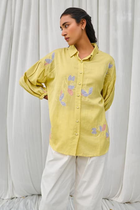 Buy_Ayaka_Yellow Cotton Embroidery Collared Applique Shirt _Online_at_Aza_Fashions