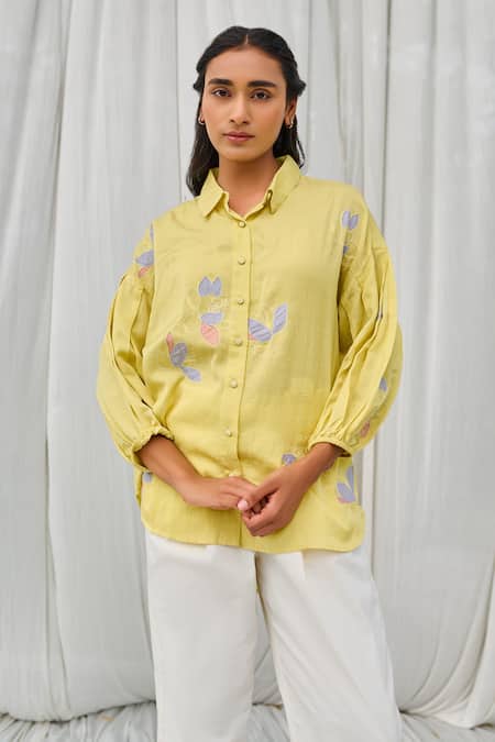 Shop_Ayaka_Yellow Cotton Embroidery Collared Applique Shirt _Online_at_Aza_Fashions