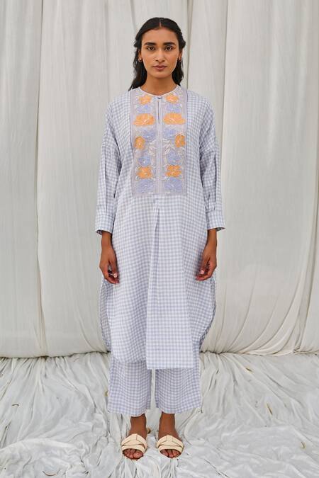 Ayaka_Blue Cotton Embroidery Round Neck Checkered Hand Block Print Tunic _Online_at_Aza_Fashions