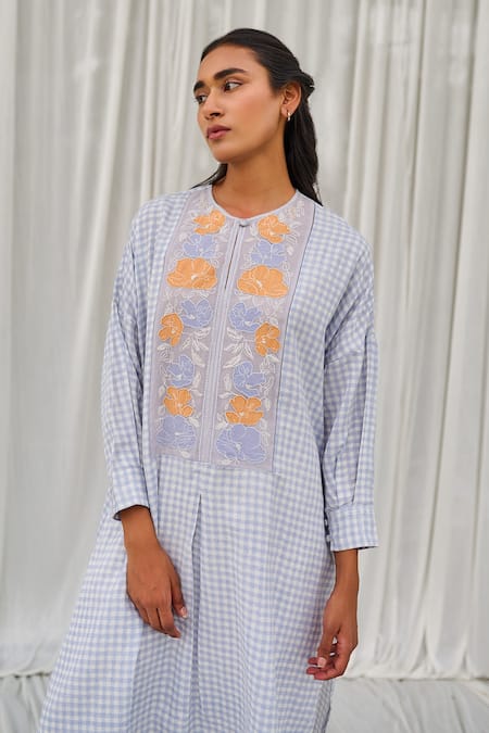 Shop_Ayaka_Blue Cotton Embroidery Round Neck Checkered Hand Block Print Tunic _Online_at_Aza_Fashions