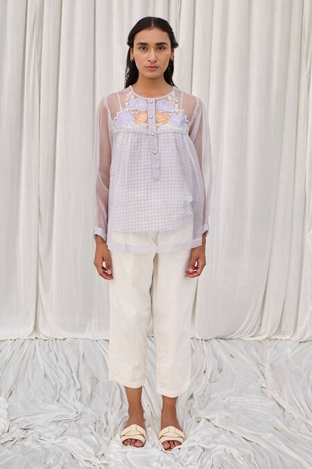 Ayaka Blue Silk Organza, Cotton Embroidery Round Neck Floral Applique Top Online at Aza Fashions Ayaka_Blue Silk Organza, Cotton Embroidery Round Neck Floral Applique Top _Online_at_Aza_Fashions