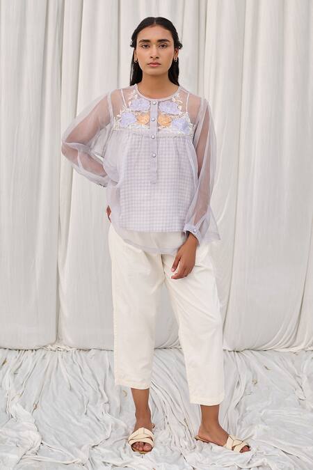 Buy Ayaka Blue Silk Organza, Cotton Embroidery Round Neck Floral Applique Top Online at Aza Fashions Buy_Ayaka_Blue Silk Organza, Cotton Embroidery Round Neck Floral Applique Top _Online_at_Aza_Fashions