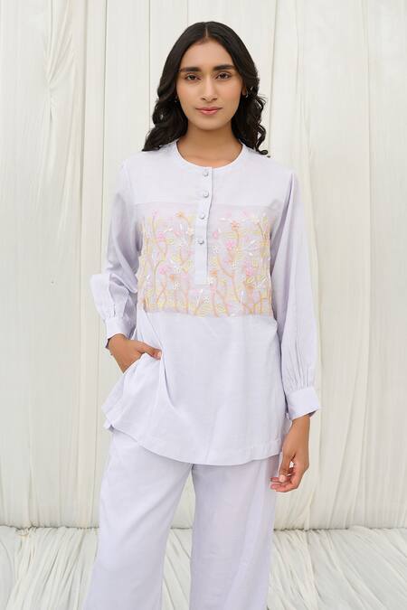 Shop Ayaka Blue Cotton Embroidery Round Neck Straight Floral Top Online at Aza Fashions Shop_Ayaka_Blue Cotton Embroidery Round Neck Straight Floral Top _Online_at_Aza_Fashions