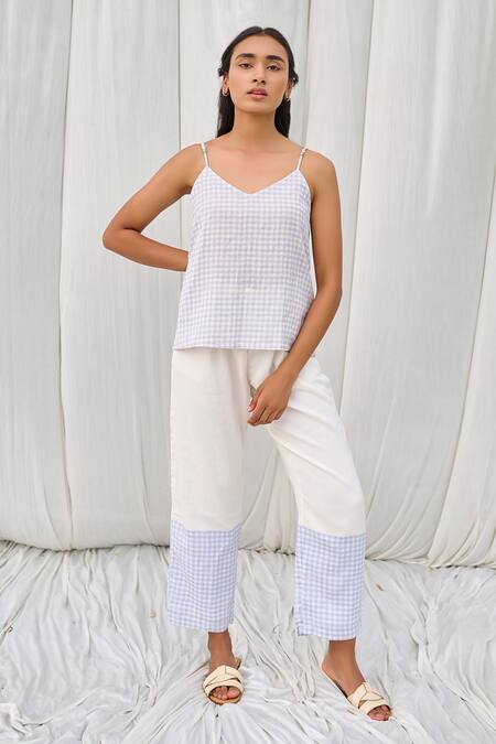 Ayaka_Blue Cotton Checkered Hem Print Trouser _Online_at_Aza_Fashions