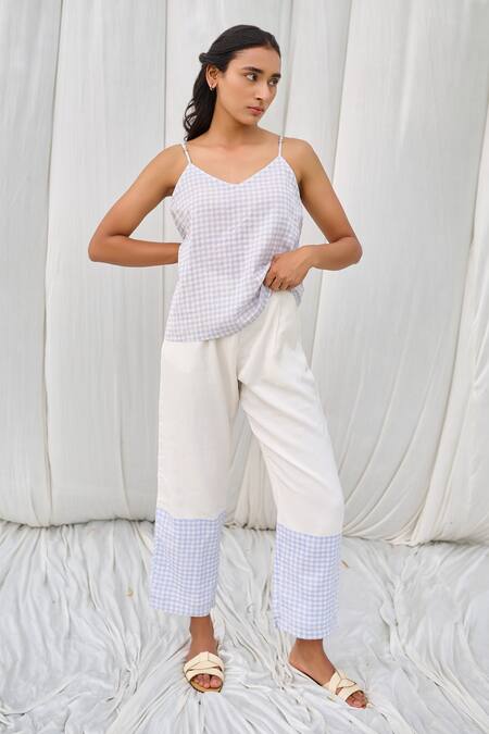 Buy_Ayaka_Blue Cotton Checkered Hem Print Trouser _Online_at_Aza_Fashions