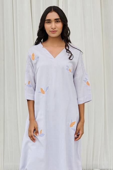 Ayaka Blue Cotton Embroidery V-neck Floral Hand Applique Dress Online at Aza Fashions Ayaka_Blue Cotton Embroidery V-neck Floral Hand Applique Dress _Online_at_Aza_Fashions