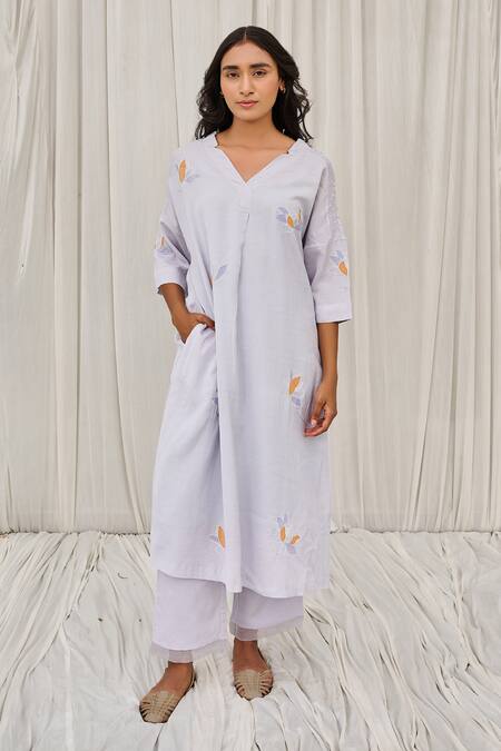 Buy Ayaka Blue Cotton Embroidery V-neck Floral Hand Applique Dress Online at Aza Fashions Buy_Ayaka_Blue Cotton Embroidery V-neck Floral Hand Applique Dress _Online_at_Aza_Fashions