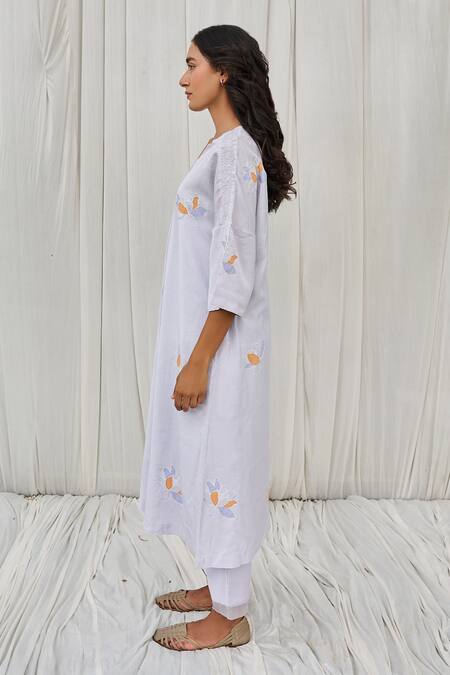 Shop Ayaka Blue Cotton Embroidery V-neck Floral Hand Applique Dress Online at Aza Fashions Shop_Ayaka_Blue Cotton Embroidery V-neck Floral Hand Applique Dress _Online_at_Aza_Fashions