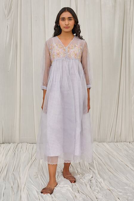Ayaka Blue Silk Organza Embroidery V-neck Floral Dress Online at Aza Fashions Ayaka_Blue Silk Organza Embroidery V-neck Floral Dress _Online_at_Aza_Fashions