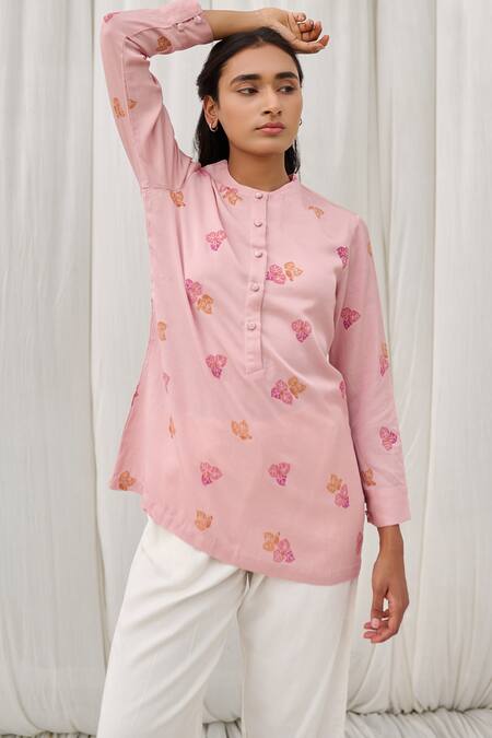 Buy_Ayaka_Pink Cotton Round Neck Leaf Print Top _Online_at_Aza_Fashions