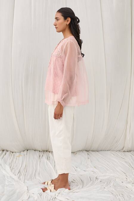 Ayaka_Pink Silk Organza Embroidery Round Neck Applique Top _Online_at_Aza_Fashions