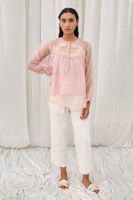 Buy_Ayaka_Pink Silk Organza Embroidery Round Neck Applique Top _Online_at_Aza_Fashions