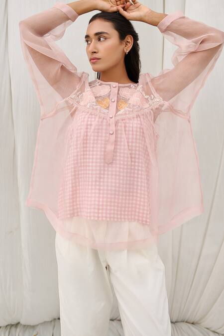 Shop_Ayaka_Pink Silk Organza Embroidery Round Neck Applique Top _Online_at_Aza_Fashions