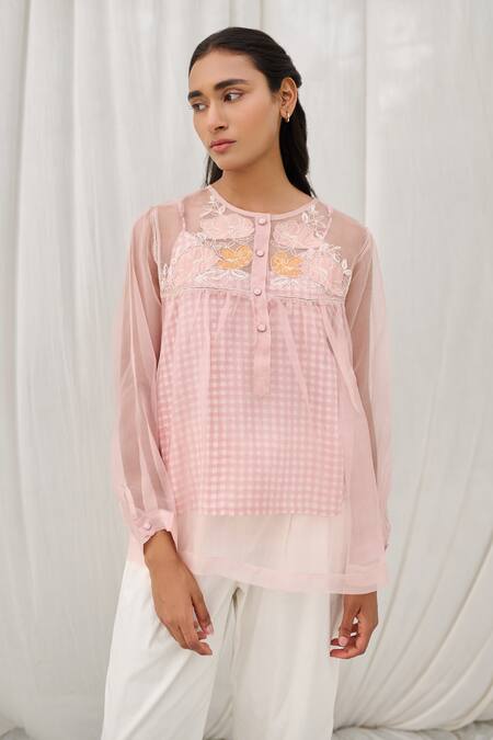 Ayaka_Pink Silk Organza Embroidery Round Neck Applique Top _at_Aza_Fashions