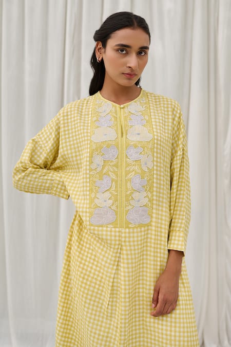 Shop_Ayaka_Yellow Cotton Embroidery Round Neck Checkered Print Tunic _Online_at_Aza_Fashions