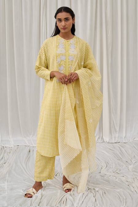 Ayaka_Yellow Cotton Embroidery Round Neck Checkered Print Tunic _at_Aza_Fashions