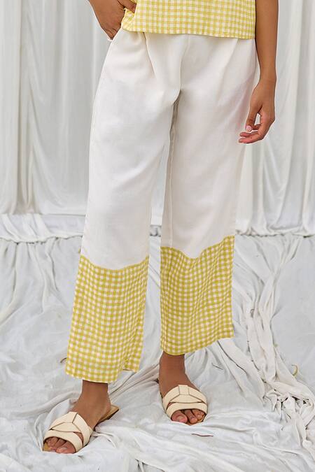 Shop Ayaka Yellow Cotton Checkered Hem Front Pleated Trouser Online at Aza Fashions Shop_Ayaka_Yellow Cotton Checkered Hem Front Pleated Trouser _Online_at_Aza_Fashions