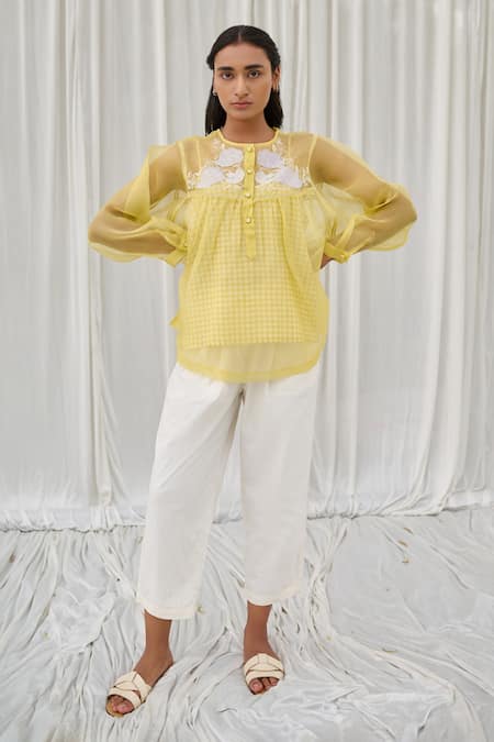 Buy Ayaka Yellow Silk Organza, Cotton Embroidery Round Neck Applique Top Online at Aza Fashions Buy_Ayaka_Yellow Silk Organza, Cotton Embroidery Round Neck Applique Top _Online_at_Aza_Fashions