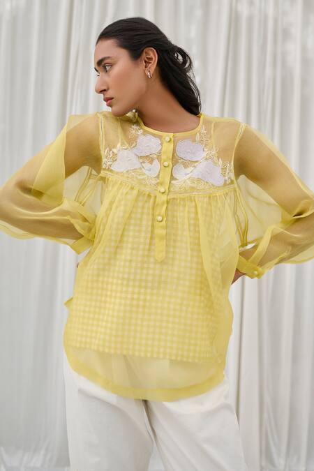Shop Ayaka Yellow Silk Organza, Cotton Embroidery Round Neck Applique Top Online at Aza Fashions Shop_Ayaka_Yellow Silk Organza, Cotton Embroidery Round Neck Applique Top _Online_at_Aza_Fashions