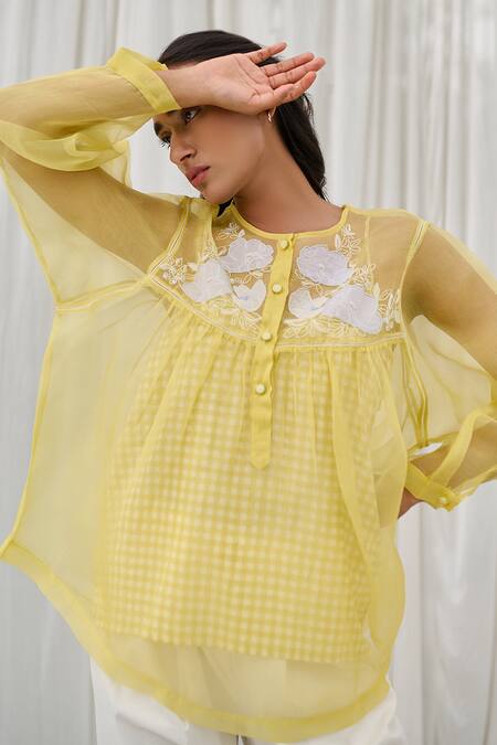 Ayaka Yellow Silk Organza, Cotton Embroidery Round Neck Applique Top at Aza Fashions Ayaka_Yellow Silk Organza, Cotton Embroidery Round Neck Applique Top _at_Aza_Fashions