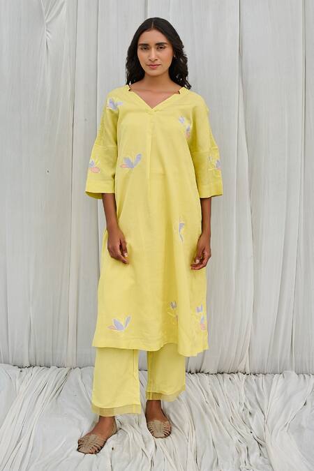 Shop Ayaka Yellow Cotton Embroidery V-neck Floral Applique Dress Online at Aza Fashions Shop_Ayaka_Yellow Cotton Embroidery V-neck Floral Applique Dress _Online_at_Aza_Fashions
