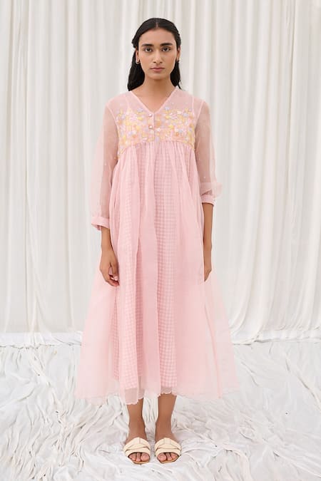 Ayaka Pink Silk Organza, Cotton Tassels, Embroidery V-neck Floral Dress Online at Aza Fashions Ayaka_Pink Silk Organza, Cotton Tassels, Embroidery V-neck Floral Dress _Online_at_Aza_Fashions