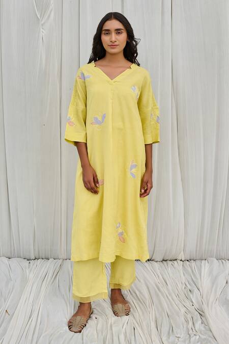 Ayaka Yellow Cotton Embroidery V-neck Floral Applique Dress at Aza Fashions Ayaka_Yellow Cotton Embroidery V-neck Floral Applique Dress _at_Aza_Fashions