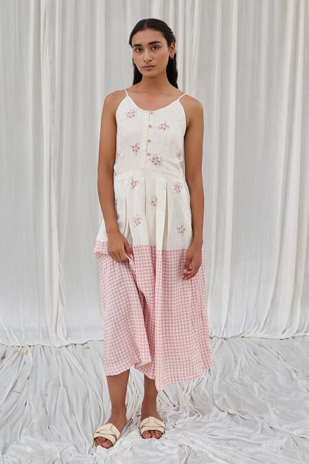 Ayaka Pink Cotton Embroidery Round Neck Printed Spaghetti Dress 