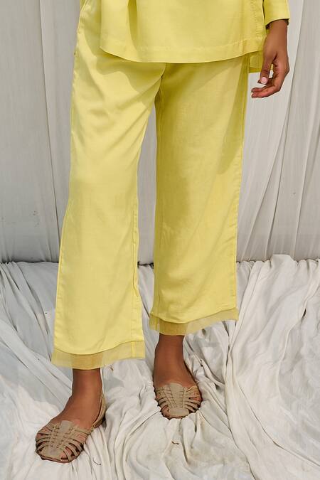 Ayaka_Yellow 100% Organic Cotton Made With Soyabean Front Pleated Trouser _Online_at_Aza_Fashions