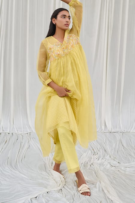 Buy Yellow 100% Silk Organza With Cotton Flower Embroidered Dress