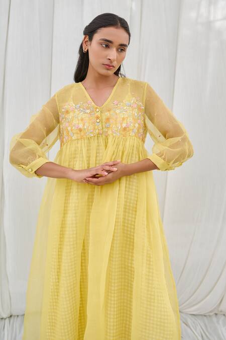 Buy_Ayaka_Yellow Silk Organza Embroidery V-neck Flower Dress _Online_at_Aza_Fashions
