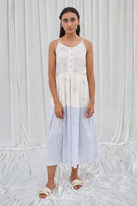 Ayaka Blue Cotton Embroidery Round Neck Floral And Checkered Spaghetti Dress Online at Aza Fashions Ayaka_Blue Cotton Embroidery Round Neck Floral And Checkered Spaghetti Dress _Online_at_Aza_Fashions