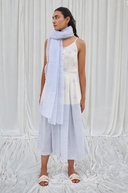 Shop Ayaka Blue Cotton Embroidery Round Neck Floral And Checkered Spaghetti Dress Online at Aza Fashions Shop_Ayaka_Blue Cotton Embroidery Round Neck Floral And Checkered Spaghetti Dress _Online_at_Aza_Fashions