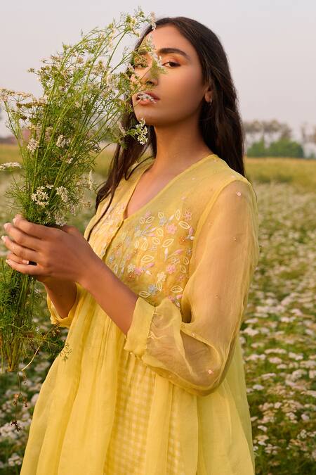 Shop_Ayaka_Yellow Silk Organza Embroidery V-neck Flower Dress _Online_at_Aza_Fashions