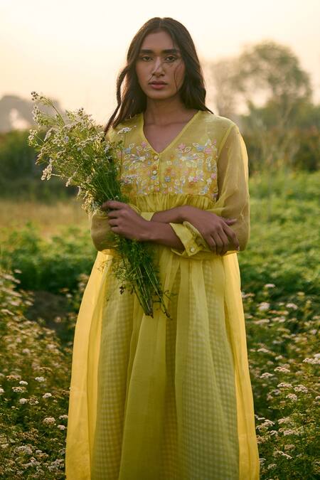 Ayaka_Yellow Silk Organza Embroidery V-neck Flower Dress _at_Aza_Fashions