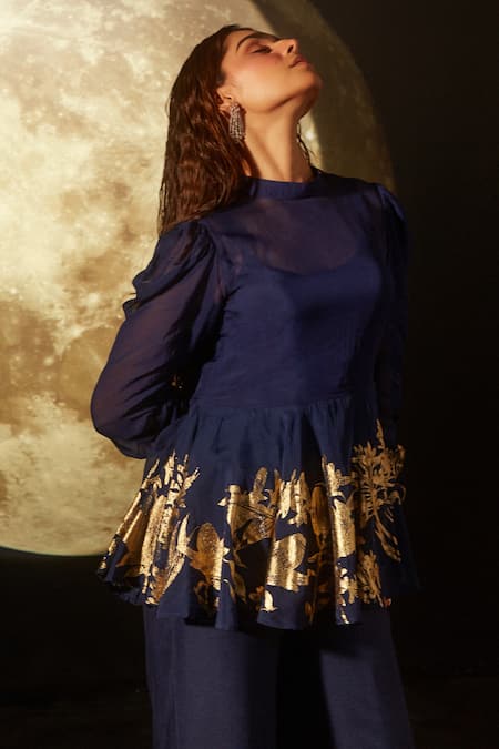 Dohr India Blue Organza, Crepe Foil Printing Round Neck Peplum Top And Flared Pant Set Online at Aza Fashions Dohr India_Blue Organza, Crepe Foil Printing Round Neck Peplum Top And Flared Pant Set _Online_at_Aza_Fashions