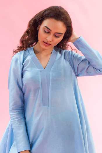 The Aarya Blue Chanderi Embroidery Shawl Neck Handwoven Kurta And Bell Bottom Pant Set Online at Aza Fashions The Aarya_Blue Chanderi Embroidery Shawl Neck Handwoven Kurta And Bell Bottom Pant Set_Online_at_Aza_Fashions