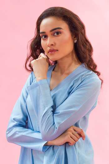 Buy The Aarya Blue Chanderi Embroidery Shawl Neck Handwoven Kurta And Bell Bottom Pant Set Online at Aza Fashions Buy_The Aarya_Blue Chanderi Embroidery Shawl Neck Handwoven Kurta And Bell Bottom Pant Set_Online_at_Aza_Fashions
