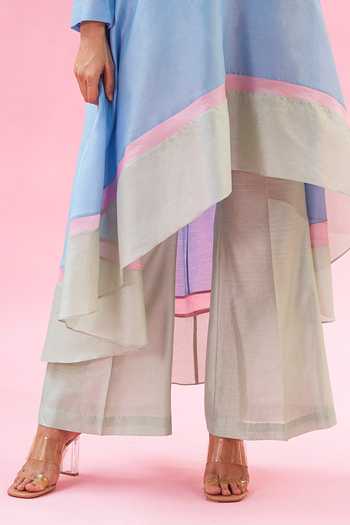 Shop The Aarya Blue Chanderi Embroidery Shawl Neck Handwoven Kurta And Bell Bottom Pant Set Online at Aza Fashions Shop_The Aarya_Blue Chanderi Embroidery Shawl Neck Handwoven Kurta And Bell Bottom Pant Set_Online_at_Aza_Fashions
