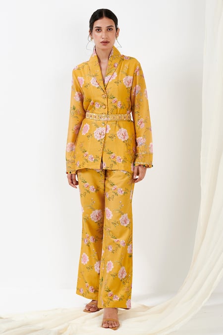 Label Flamingo By Vrinda_Yellow Cotton, Silk Pearls Phool Print Blazer With Pant _Online_at_Aza_Fashions