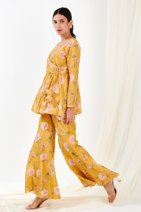 Label Flamingo By Vrinda_Yellow Cotton, Silk Crystals, Embroidery Round Rose Print Angarkha Top With Pant _Online_at_Aza_Fashions