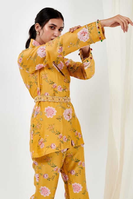Buy_Label Flamingo By Vrinda_Yellow Cotton, Silk Pearls Phool Print Blazer With Pant _Online_at_Aza_Fashions