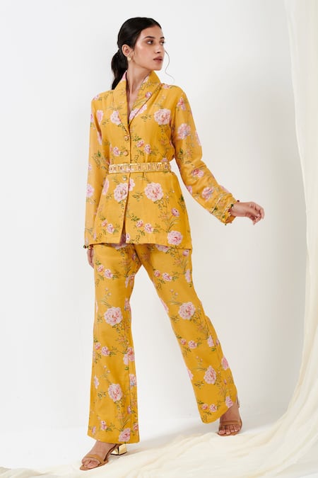 Label Flamingo By Vrinda_Yellow Cotton, Silk Pearls Phool Print Blazer With Pant _at_Aza_Fashions