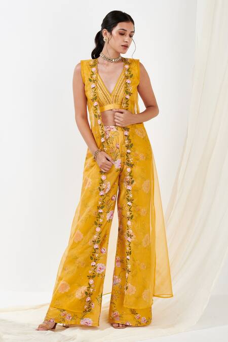 Shop Label Flamingo By Vrinda Yellow Organza, Cotton, Silk Embroidery V-neck, Floral Sheer Cape Sharara Set Online at Aza Fashions Shop_Label Flamingo By Vrinda_Yellow Organza, Cotton, Silk Embroidery V-neck, Floral Sheer Cape Sharara Set _Online_at_Aza_Fashions