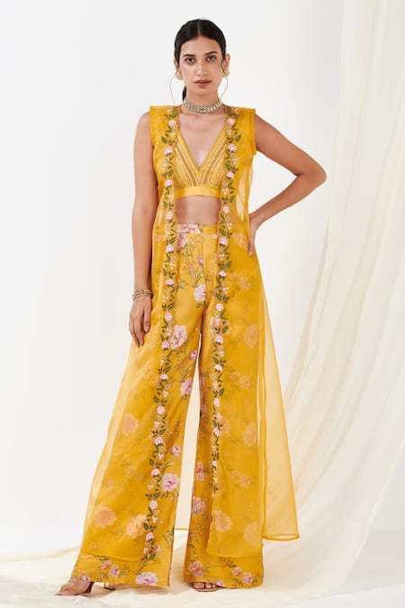Label Flamingo By Vrinda Yellow Organza, Cotton, Silk Embroidery V-neck, Floral Sheer Cape Sharara Set at Aza Fashions Label Flamingo By Vrinda_Yellow Organza, Cotton, Silk Embroidery V-neck, Floral Sheer Cape Sharara Set _at_Aza_Fashions