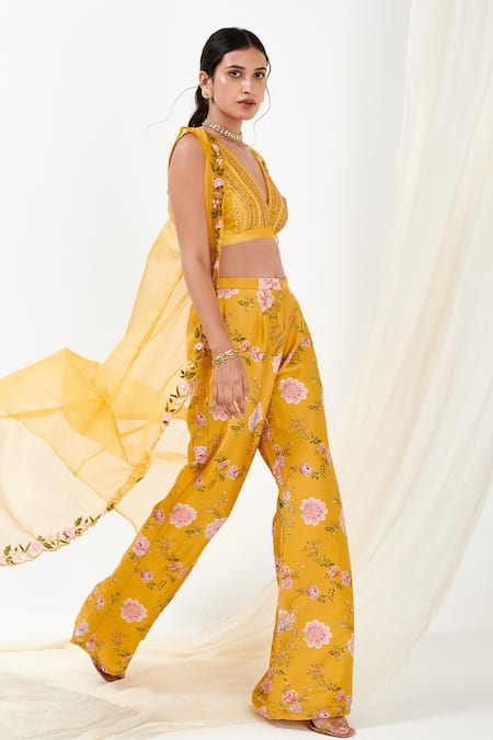 Buy Label Flamingo By Vrinda Yellow Organza, Cotton, Silk Embroidery V-neck, Floral Sheer Cape Sharara Set Buy_Label Flamingo By Vrinda_Yellow Organza, Cotton, Silk Embroidery V-neck, Floral Sheer Cape Sharara Set