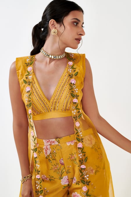 Shop Label Flamingo By Vrinda Yellow Organza, Cotton, Silk Embroidery V-neck, Floral Sheer Cape Sharara Set Shop_Label Flamingo By Vrinda_Yellow Organza, Cotton, Silk Embroidery V-neck, Floral Sheer Cape Sharara Set
