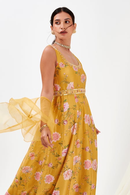 Buy Label Flamingo By Vrinda Yellow Cotton, Silk, Chiffon Rosette Print Panelled Anarkali With Dupatta Online at Aza Fashions Buy_Label Flamingo By Vrinda_Yellow Cotton, Silk, Chiffon Rosette Print Panelled Anarkali With Dupatta _Online_at_Aza_Fashions