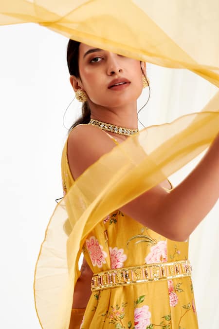 Shop Label Flamingo By Vrinda Yellow Cotton, Silk, Chiffon Rosette Print Panelled Anarkali With Dupatta Online at Aza Fashions Shop_Label Flamingo By Vrinda_Yellow Cotton, Silk, Chiffon Rosette Print Panelled Anarkali With Dupatta _Online_at_Aza_Fashions