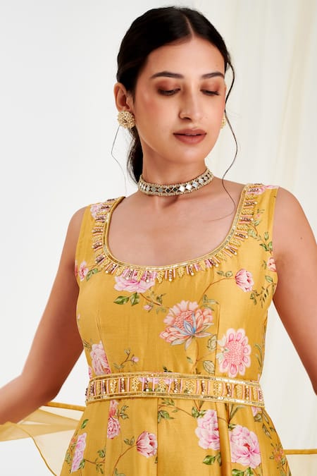 Label Flamingo By Vrinda Yellow Cotton, Silk, Chiffon Rosette Print Panelled Anarkali With Dupatta at Aza Fashions Label Flamingo By Vrinda_Yellow Cotton, Silk, Chiffon Rosette Print Panelled Anarkali With Dupatta _at_Aza_Fashions